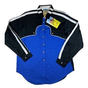 Panhandle Slim Women’s Size Medium Black & Blue Western Rodeo Shirt White Piping